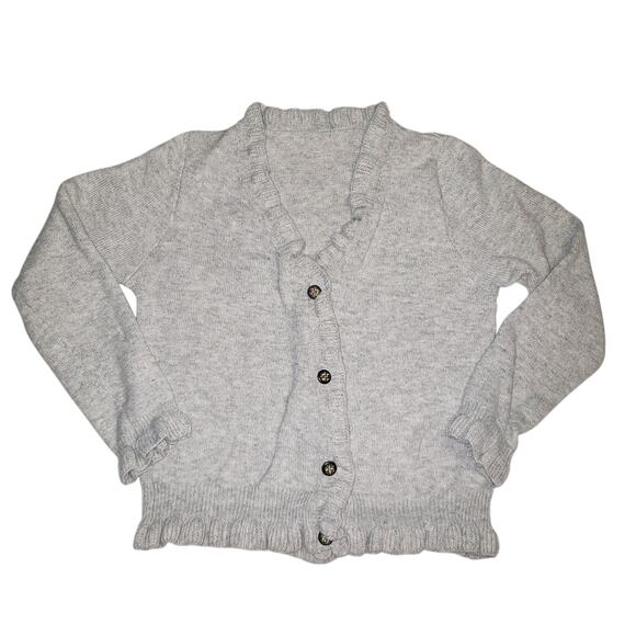 Vintage Gray Acrylic Cardigan Womens Medium Shank Buttons Ruffle Trim - Picture 1 of 8